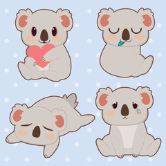 The collection of cute koala set. The character of cute koala hugging a heart and eatting a leaf and sleepping and crying on the blue background and polka dot in flat vector style.