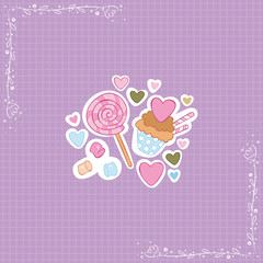 Chocolate muffin. Marshmallows. Lollipop. Hearts. Stickers. Checkered background. Isolated vector objects.