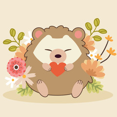 The character of cute couple in love of hedgehog with flower on the yellow background. The cute hedgehog holding a heart with flower. The character of cute hedgehog in flat vector style.