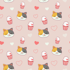 The seamless pattern of cute cat with heart and cupcake on the pink background. The pattern of cute cupcake in the pink background. The character of cute cat in flat vector style.
