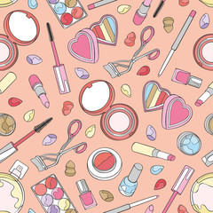 Cosmetics, makeup products. Mascara, eye shadow, powder, lipstick. Mirror and perfume. Seamless vector pattern (background).