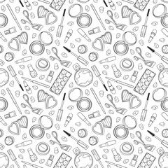 Cosmetics, makeup products. Mascara, eye shadow, powder, lipstick. Mirror and perfume. Seamless vector pattern (background).