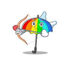 Romantic picture of rainbow umbrella Cupid cartoon character with arrow and wings