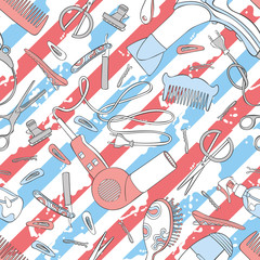 Hairdressing set: hair dryer, comb, straight razor, scissors, hair clips. Seamless vector pattern (background).