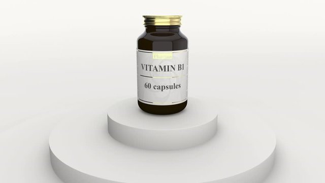 Glass bottle with generic vitamin B1 capsules and fictional logo. Healthy lifestyle supplements or pharmaceutical industry related 3D animation