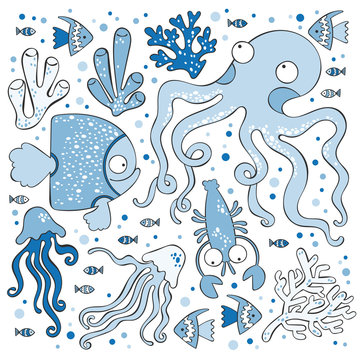 Marine theme. Octopus, jellyfish, fish, corals. Isolated vector objects on white background.