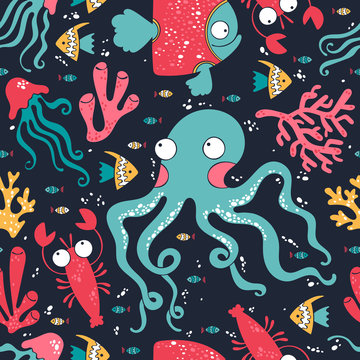 Marine theme. Octopus, jellyfish, fish, corals. Seamless vector pattern (background). Marine print.