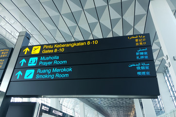 Tangerang, Indonesia - 20th June 2019: Airport sign board in Jakarta's airport, Soekarno Hatta,...