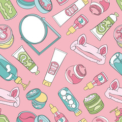 Cream, balm, shampoo, essence, tonic. Mirror. Set. Seamless pattern. Vector seamless background. 