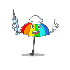 Friendly nurse of rainbow umbrella mascot design holding syringe