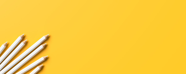 White pencils isolated on yellow background with copy space. Creative background for education or business concept design. 3D illustration.