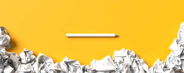 White pencil isolated on yellow background with copy space. Creative background for education or business concept design. 3D illustration.