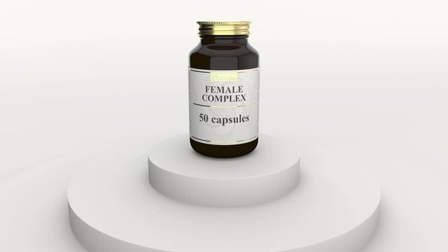Pharmacy glass bottle with generic female complex capsules and fictional logo. Healthy lifestyle supplements or pharmaceutical industry related 3D animation