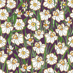 Seamless pattern of daffodil flowers. Color illustration, handmade. Botanical hand-drawn illustration.Design for packaging, weddings, fabrics, textiles, Wallpaper, website, postcards.