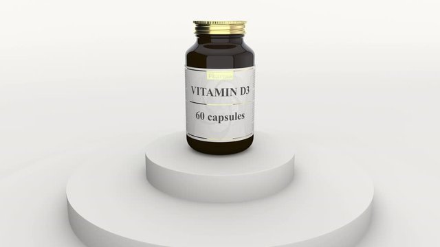 Pharmacy glass bottle with generic vitamin D3 capsules and fictional logo. Healthy lifestyle supplements or pharmaceutical industry related 3D animation