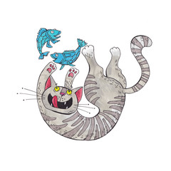 illustration with a gray cat, a cat playing with a fish