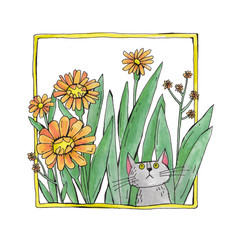 illustration with flowers in a frame, plants and leaves
