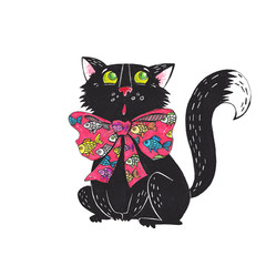 illustration with a black cat and a red bow