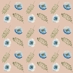 Seamless pattern of leaves and blue flowers . Watercolor illustration. Geometric pattern. Design for packaging, weddings, fabrics, textiles, Wallpaper, website, postcards.