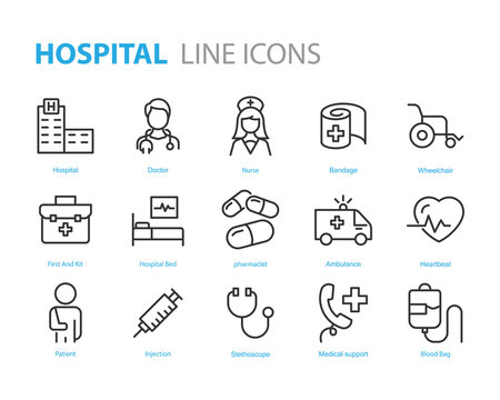 set of hospital icons, medicine, doctor, clinic, virus, disease
