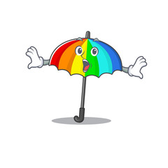 A cartoon character of rainbow umbrella making a surprised gesture