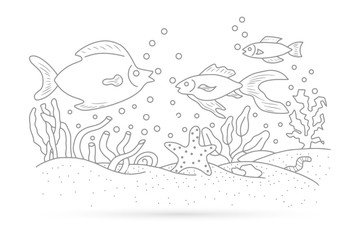Outline underwater grass with fish, seaweed. Sketch kids hand drawing art line. Coloring for dook. Vector stock illustration