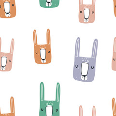 Vector color hand-drawn seamless repeating childish pattern with cute bunnies in Scandinavian style on a white background. Seamless kids scandy pattern. Cute animals. bunnies pattern