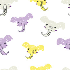 Vector color hand-drawn seamless repeating childish pattern with cute elephants in Scandinavian style on a white background. Seamless kids scandy pattern. Cute animals. Scandi elephant pattern