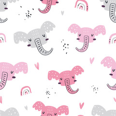 Vector color hand-drawn seamless repeating childish pattern with cute elephants in Scandinavian style on a white background. Seamless kids scandy pattern. Cute animals. Scandi elephant pattern