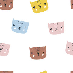 Vector color hand-drawn seamless repeating childish pattern with cute cats in Scandinavian style on a white background. Seamless kids pattern. Cute animals. Cats pattern