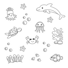 Hand draw doodle set of sea life, ocean animal