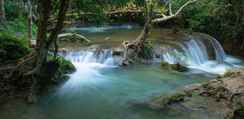 Huay Mae Khamin waterfalls in deep forest at Srinakarin National Park ,Kanchanaburi ,A beautiful stream water famous rainforest waterfall in Thailand