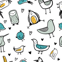 Vector color hand-drawn seamless repeating childish pattern with Various cute contour birds and hearts in Scandinavian style on a white background. Seamless pattern with doodle birds.
