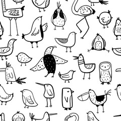Vector seamless repeating black and white hand-drawn linear ink doodle children pattern with different birds in Scandinavian style on a white background. Pattern with birds doodles. Cute baby animals.