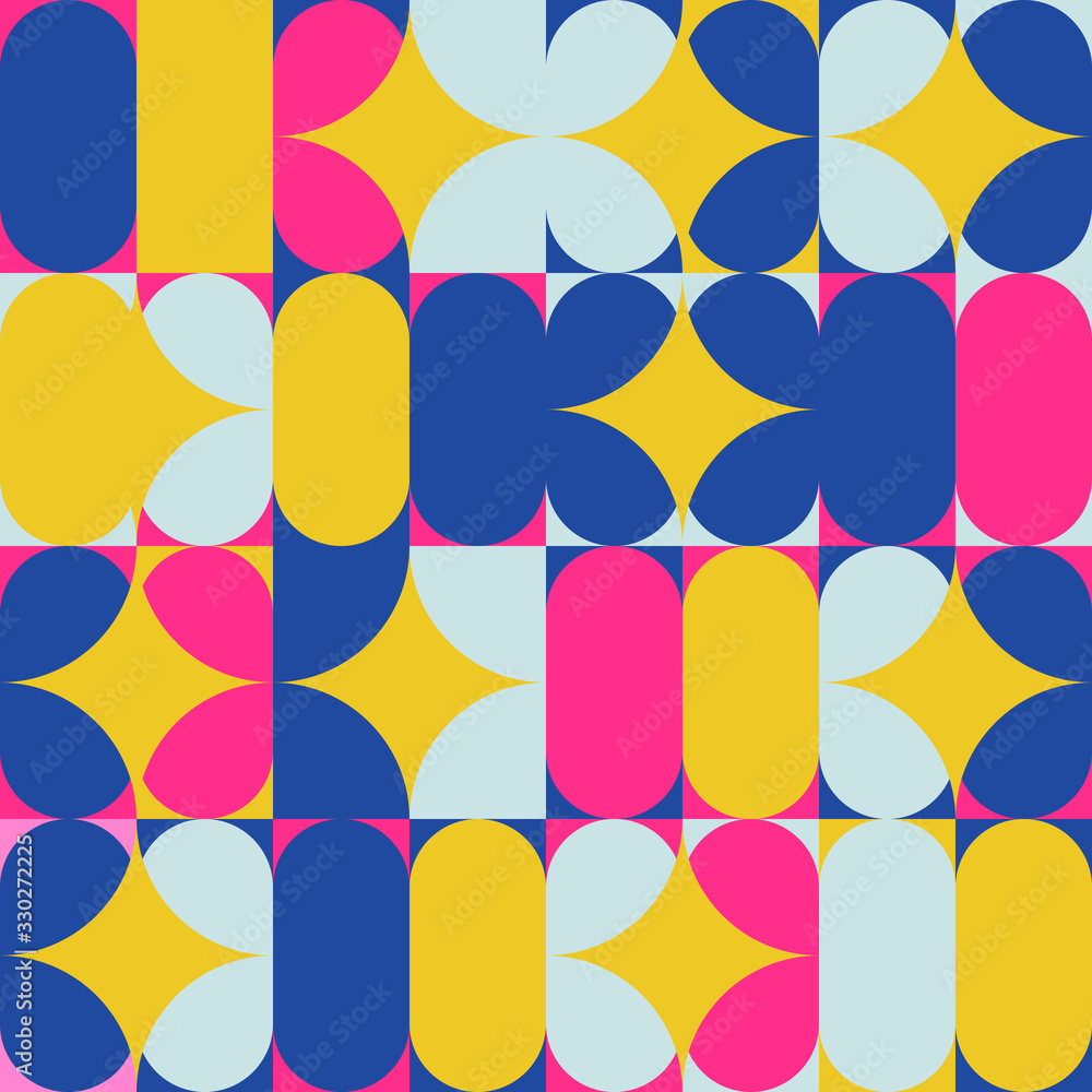 Poster modern vector abstract seamless geometric pattern with semicircles, circles and squares in retro sca