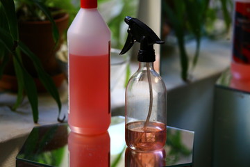 Bottles of hand disinfection and red ethanol for killing corona virus