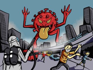 The Red Giant Coronavirus monster attacks the city with the Doctor wearing personal protective equipment (PPE), to against the pandemic.