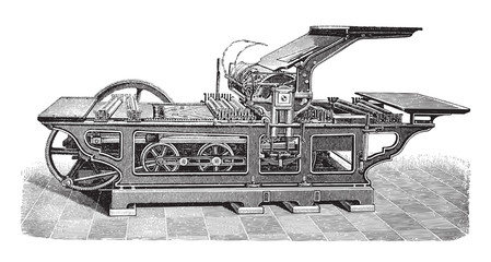 Old automatic cylinder printing press / vintage illustration from Brockhaus Konversations-Lexikon 1908