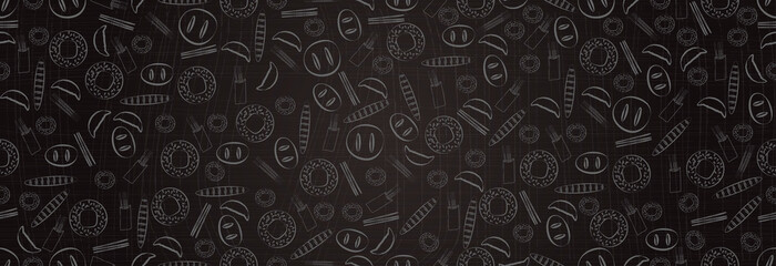 Baked goods. Bakery background on dark background. Vector illustration, seamless pattern.