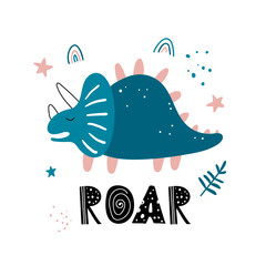Vector hand-drawn color illustration of a cute Scandinavian dinosaur with the inscription Roar on a white background. Cute baby poster, print, postcard, invitation with a dinosaur. Roar.