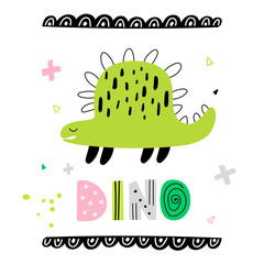 Vector color cute baby poster, print, postcard, invitation with a green dinosaur and dino inscription in Scandinavian style on a white background. Vector cute baby dinosaur illustration.