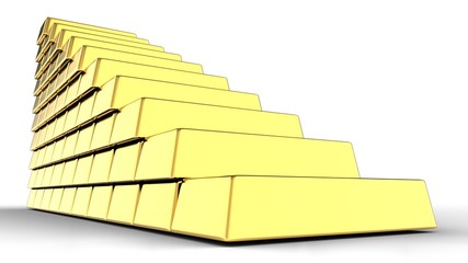 Gold rising price. Bricks or ingots. 3D-rendering. Isolated on white.