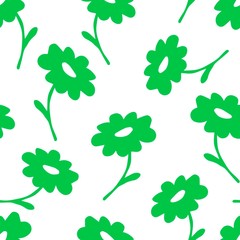 Fototapeta premium Simple vector floral seamless pattern. Silhouette, outline green cartoon doodle camomile on a white background. For prints of fabric, wrapping paper, textiles, organic products, medical herbs.