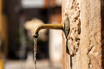 Extreme close-up of fresh water flowing from an outdoor faucet in the shape of an animal head....
