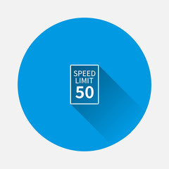Vector Speed Limit 50 mph icon on blue background. Flat image with long shadow.