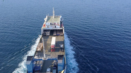 Ro Ro Ship: Aerial view of a medium RoRo Vehicle carrie vessel cruising at sea.