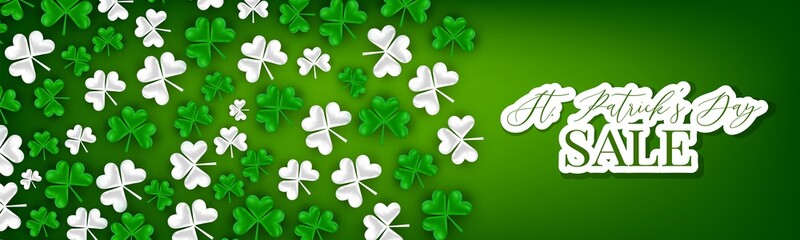 Saint Patricks Day banner, website or newsletter header with green clover leaves. Advertising template background design.Vector illustration.