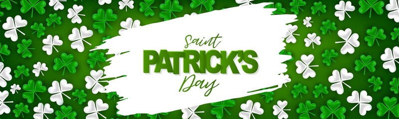 Saint Patricks Day banner, website or newsletter header with green clover leaves. Advertising template background design.Vector illustration.