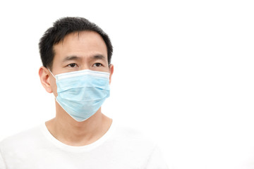 The image face  of a young Asian man wearing a mask to prevent germs, toxic fumes, and dust. Prevention of bacterial infection in the air in a white background