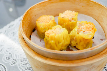 Delicious Chinese steamed shrimp dimsum in bamboo containers